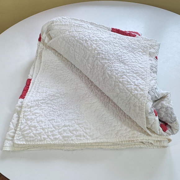 Vintage 70s hand stitched quilt, red, white and grey, full size, flawed, AS IS - Picture 6 of 15